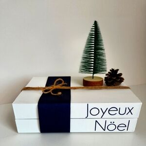 Christmas Joyeux Noël Decorative Book stack shelf home decor navy blue